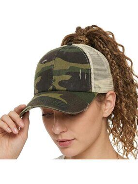 〽️Women Criss Camo High Ponytail Baseball Cap Trucker Bad Hair Day Adjustable